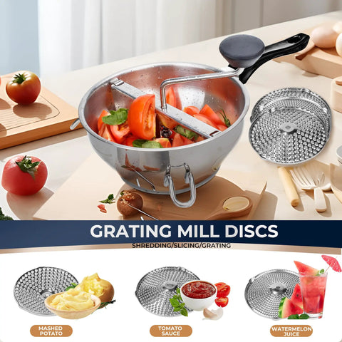 Pro Grade Stainless Steel Food Mill with 3 Milling Discs and tomatoes, ergonomic hand crank, blue, for sauce or canning.