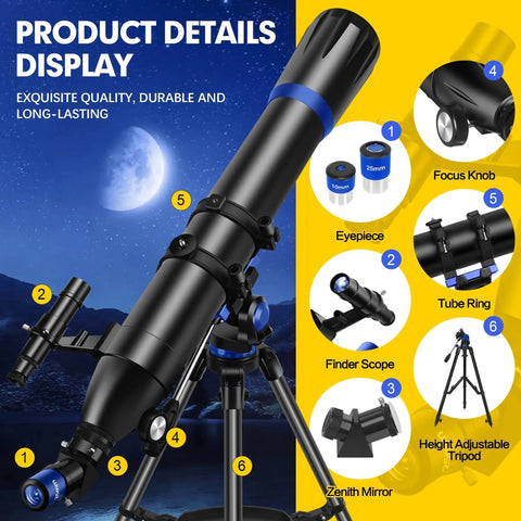 90mm Aperture 800mm Focal Length Refractor Telescope For Adults And Kids, Beginner Friendly Yet High Powered, All In One Kit Display