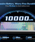 Flex Your Setup With This Next Level Tri Mode Wireless Gasket Mechanical Keyboard Featuring True 8KHz Polling Rate SoCd Support And Buttery Smooth Hot Swappable Keys For Gamers showing 10000mAh battery details.