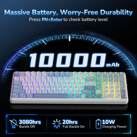 Flex Your Setup With This Next Level Tri Mode Wireless Gasket Mechanical Keyboard Featuring True 8KHz Polling Rate SoCd Support And Buttery Smooth Hot Swappable Keys For Gamers showing 10000mAh battery details.