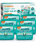 Front view of six teal General Medi Pocket & Mini First Aid Kits (70 pcs each) with 420-piece box