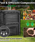 Outdoor Compost Bin 80 Gallon Aerated Compost Box With Top Flip Lid in garden setting, showcasing air vents and composting process.