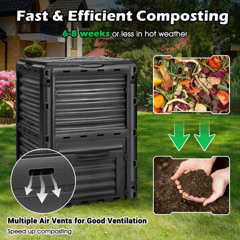 Outdoor Compost Bin 80 Gallon Aerated Compost Box With Top Flip Lid in garden setting, showcasing air vents and composting process.