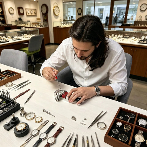 Person using a screwdriver on a watch in a jewelry store, surrounded by various watch parts and tools.