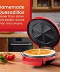 Cool 11 Inch Quesadilla Maker With Easy Slice Design cooking six wedges fast on a kitchen counter with tomatoes.