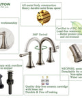 2 Handle 8 Inch Widespread Bathroom Sink Faucet Brushed Nickel With Pop Up Drain High Arc Modern Vanity Faucet For 3 Holes 360 Degree Swivel Spout Solid Brass Lead Free Waterway CUPC NSF61 CEC Certified with detailed features