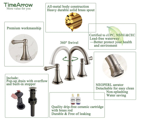 2 Handle 8 Inch Widespread Bathroom Sink Faucet Brushed Nickel With Pop Up Drain High Arc Modern Vanity Faucet For 3 Holes 360 Degree Swivel Spout Solid Brass Lead Free Waterway CUPC NSF61 CEC Certified with detailed features