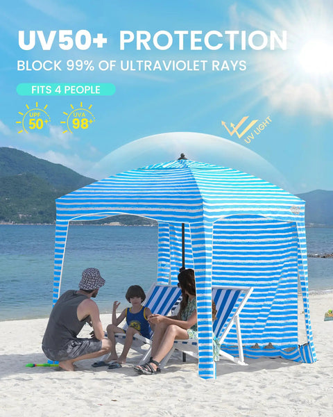 Beach Cabana Sun Shelter 6x6 Ft With Sandbags And Side Wall For Family, Easy Setup, UPF 50 Plus UV Protection, Roof Vent, 4 Person