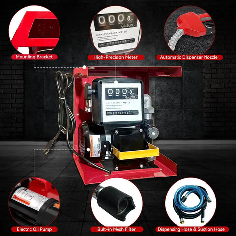 Rig Ready Electric Diesel Transfer Pump Kit With Auto Shut Off Nozzle Mechanical Meter And Long Reach Hoses For No Nonsense Job Site Truck Hustles And Daily Hauler Operations with electric pump, dispenser, and hoses.