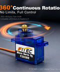 Close-up of FS90MR Micro Servo 9g with 360° continuous rotation, showing a blue transparent casing and metal gear for Arduino projects.