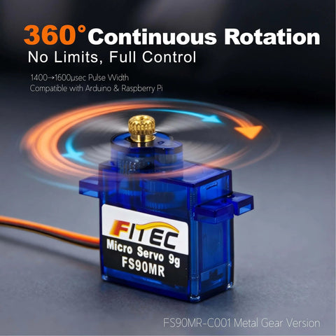 Close-up of FS90MR Micro Servo 9g with 360° continuous rotation, showing a blue transparent casing and metal gear for Arduino projects.