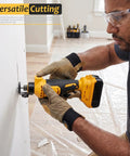 Man cutting drywall with Cordless Drywall Rotary Tool For Sheetrock, Drywall Saw Cutter And Undercut Tool, Brushless Woodworking Cutter For Cutouts In Drywall, Wood, And Plastic, Speed Adjustable Up To 30,000 RPM, Compatible With 20V Max Batteries Not Included.