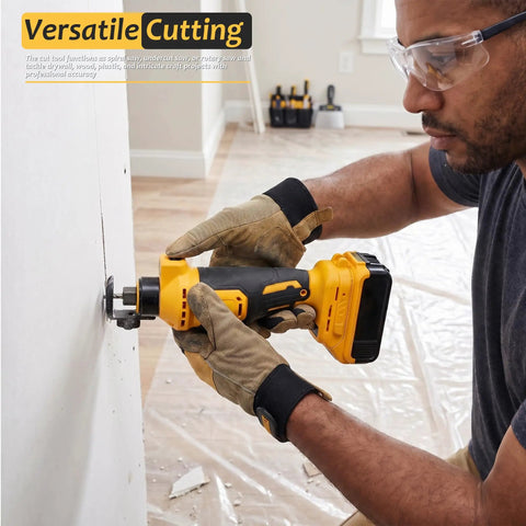 Man cutting drywall with Cordless Drywall Rotary Tool For Sheetrock, Drywall Saw Cutter And Undercut Tool, Brushless Woodworking Cutter For Cutouts In Drywall, Wood, And Plastic, Speed Adjustable Up To 30,000 RPM, Compatible With 20V Max Batteries Not Included.