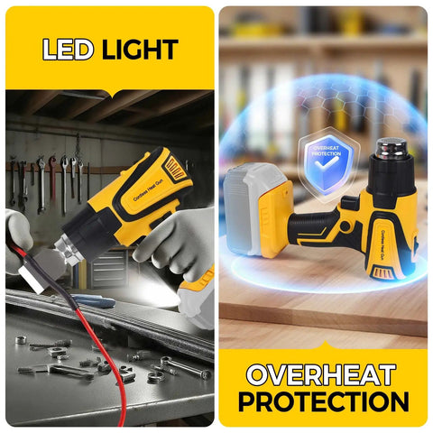Cordless Heat Gun With Adjustable Temp 120F To 1110F LCD Display And LED Light Portable Hot Air Tool With 4 Nozzles showing LED and overheat protection