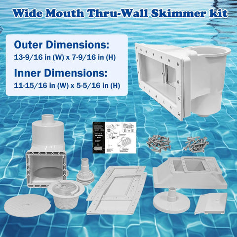 Above Ground Pool Skimmer Kit with wide mouth thru-wall opening and durable ABS one-piece skimmer. Shown with components and dimensions.