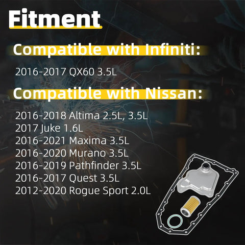 Direct Fit Automatic Transmission Filter And Oil Pan Gasket Kit For Nissan Altima Maxima Murano Pathfinder Juke And Infiniti QX60 2016-2017 Replace OE 19318012 33010-JF015 compatibility list and kit components image