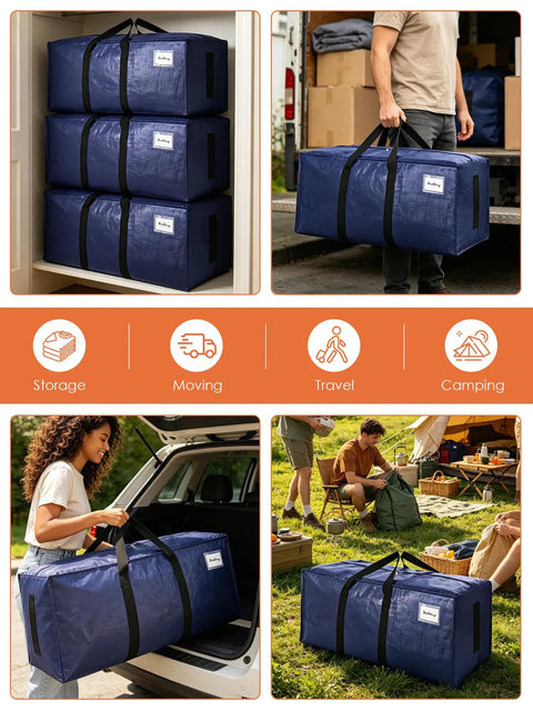 8 Pack Heavy Duty Moving Bags With Wrap Around Handles Ultra Large 24 Gal Storage Totes packed in closet and in use outdoors