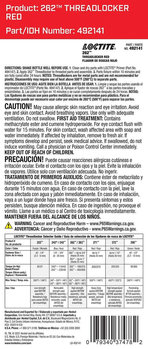 Back label of Loctite 262 Red Threadlocker bottle, 36 ml, with directions and safety warnings.