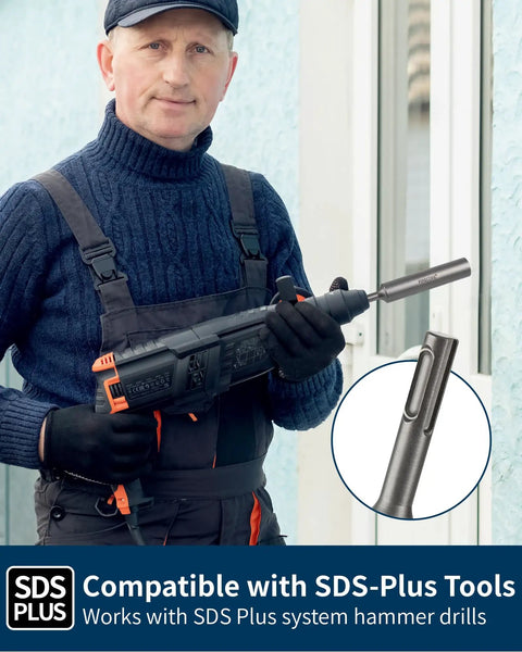 Man holding Heavy Duty SDS Plus Ground Rod Driver Bit Built From Tough Forged Steel For 5/8 And 3/4 Inch Rods Hammer Drill.