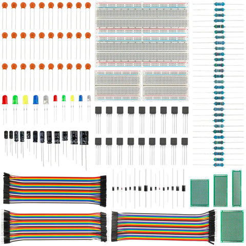 Mega 1628 Piece DIY Electronics Kit With LEDs Diodes Resistors Capacitors Transistors Dupont Wire PCBs And Breadboards For Hands On Prototyping And Learning components laid out