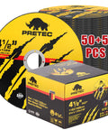 Front view of PRETEC 4-1/2 in metal cutting wheels, 50+5 pack, 7/8 in arbor, for angle grinders