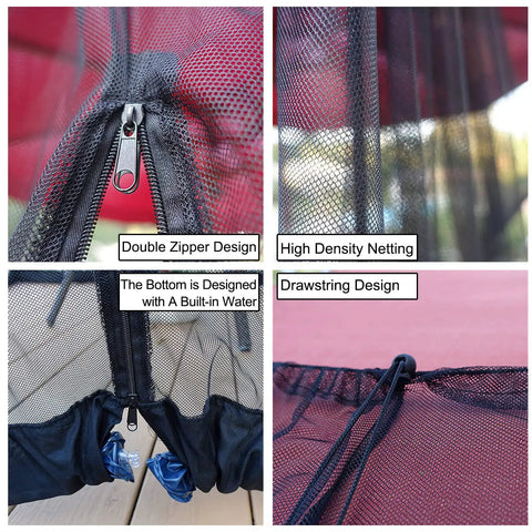 Close-up of Extra Large Patio Umbrella Mosquito Net with double zipper, high density netting, and drawstring, black mesh.
