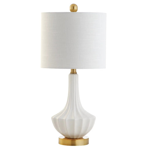 Dope White Ceramic Gold Ribbed Gourd Table Lamp 21.5 Inches With White Linen Shade on white background