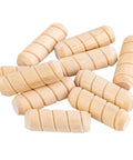 Spiral Grooved Hardwood Dowel Pins Half Inch By One Point Five Inches Pack Of Fifty natural wood pegs laid out for carpentry use.