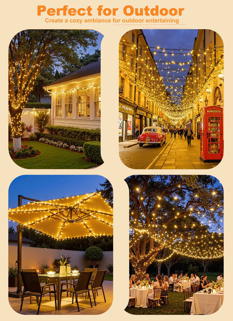 Solar Powered Outdoor String Lights 40 Ft 100 LED With 8 Lighting Modes IP65 Waterproof Warm White used for backyard decor