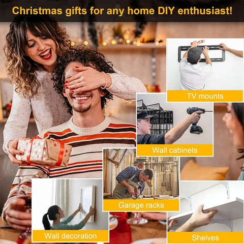 Wall Stud Finder shown in a festive atmosphere with happy people and DIY tools for home improvement projects.