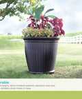 18 Inch Resin Wicker Planter For Indoor And Outdoor Use All American Style Durable Plastic Construction With Moisture Retention Brown Finish Weather Resistant Made In USA placed on grass with plants inside