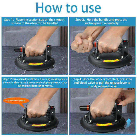 Instructional guide for using 8 Inch Glass Suction Cups Set Of 2 With Carrying Case Vacuum Lift For Large Glass Up To 330 Lbs