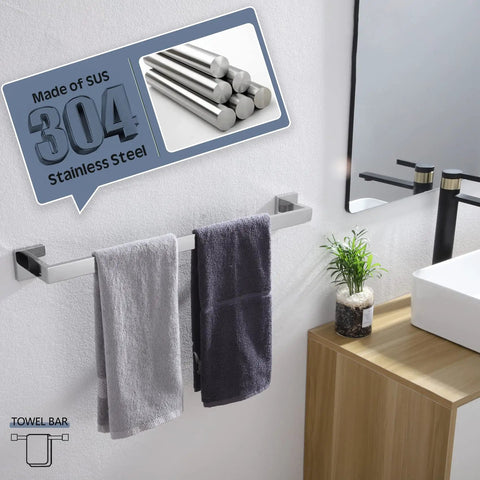 24 Inch Single Towel Bar Wall Mounted In Polished Chrome, SUS304 Stainless Steel Bathroom And Kitchen Towel Holder with towels