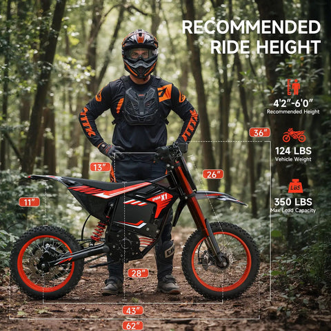 X1 Spark Electric Dirt Bike 60V 28.8Ah Battery 4500W Peak Motor Delivers 50 MPH For Mountain Off Road Adventures size guide