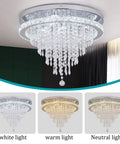 Crystal Chandelier LED Ceiling Light 19.6 Inch Flush Mount for Living Room Bedroom Kitchen Dining Room Modern Sparkle Fixture With Variable Light and Dimmable Brightness Durable Crystal and Stainless Steel Build displayed in three lighting modes: white, warm, neutral.