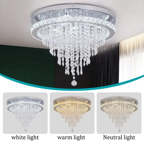 Crystal Chandelier LED Ceiling Light 19.6 Inch Flush Mount for Living Room Bedroom Kitchen Dining Room Modern Sparkle Fixture With Variable Light and Dimmable Brightness Durable Crystal and Stainless Steel Build displayed in three lighting modes: white, warm, neutral.