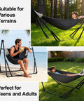Two In One Hammock And Swing Chair For Teens With Adjustable Folding Stand And Collapsible Steel Frame Portable For Camping Travel Patio And Indoor Use Includes Carrying Case Supports Up To Four Hundred Forty Lbs shown in various outdoor settings with teens and adults using it