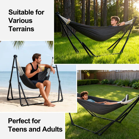Two In One Hammock And Swing Chair For Teens With Adjustable Folding Stand And Collapsible Steel Frame Portable For Camping Travel Patio And Indoor Use Includes Carrying Case Supports Up To Four Hundred Forty Lbs shown in various outdoor settings with teens and adults using it
