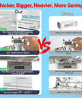 Comparison of Heavy Duty Aluminum Foil Sheets 12 X 10.75 Inches, 500 Count with other brands showing thickness, weight, and size differences.