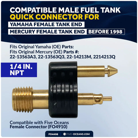 Brass One Quarter Inch NPT Male Fuel Tank Connector For Yamaha And Mercury Tank Ends Pre 1998 Two Prong Marine Gas Line