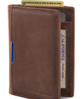 Ultra Slim Leather RFID Blocking Minimalist Wallet For Men Everyday Carry Front Pocket Bifold Travel Ready With Premium Full Grain Leather Texas Brown And 12 Month Warranty displaying cards