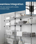 Heavy Duty Wire Shelf Lock Clips for 1.5 Inch Posts, 32 Pack, with towels on metal shelving, easy snap in design
