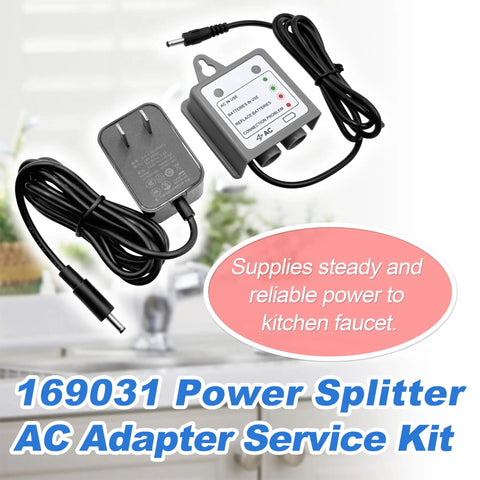 AC Adapter With Battery Backup For MotionSense Wave And U Kitchen Faucets Dual Power Source Kit showing power splitter and plug