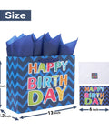 13 Inch Large Blue Gift Bag Set With Greeting Card And White Tissue Papers Laser Foil Happy Birthday For Men And Boys Bday Parties Baby Boy Gift Bag 13 X 5.2 X 10.2 Inches, showing bag, tissue, card dimensions.