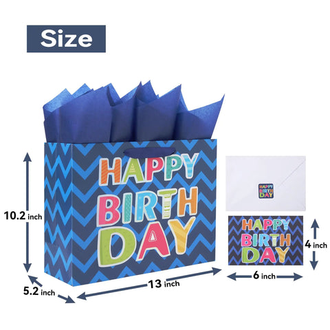 13 Inch Large Blue Gift Bag Set With Greeting Card And White Tissue Papers Laser Foil Happy Birthday For Men And Boys Bday Parties Baby Boy Gift Bag 13 X 5.2 X 10.2 Inches, showing bag, tissue, card dimensions.
