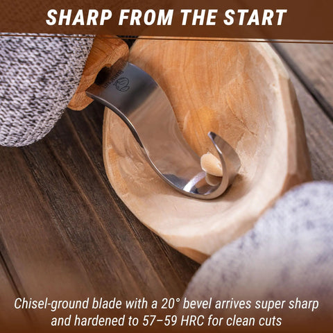 Right Handed Spoon Carving Hook Knife with ergonomic handle in wooden bowl, slick curved blade for kuksa cups and wooden bowls.