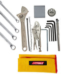 Six In One EconoKIT M1 Tool Kit for Japanese Metric Motorcycles ATVs and UTVs with wrenches, pliers, screwdriver, and pouch.