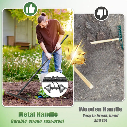 Comparison of Heavy Duty Bow Rake With Adjustable Handle vs wooden rake handle. Metal handle shown in garden use.