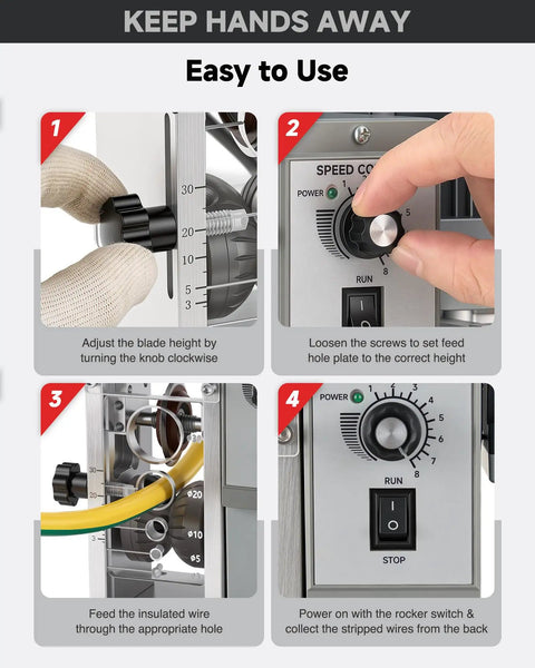 Steps for using 250W Automatic Wire Stripper Machine With Adjustable Speed For 0.06 To 1.18 Inch Cables