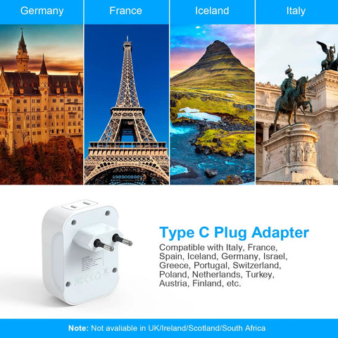 Six In One European Travel Plug Adapter with landmarks of Germany, France, Iceland, Italy.